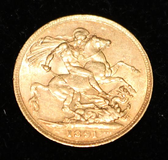 A Victoria 1891 gold full sovereign.